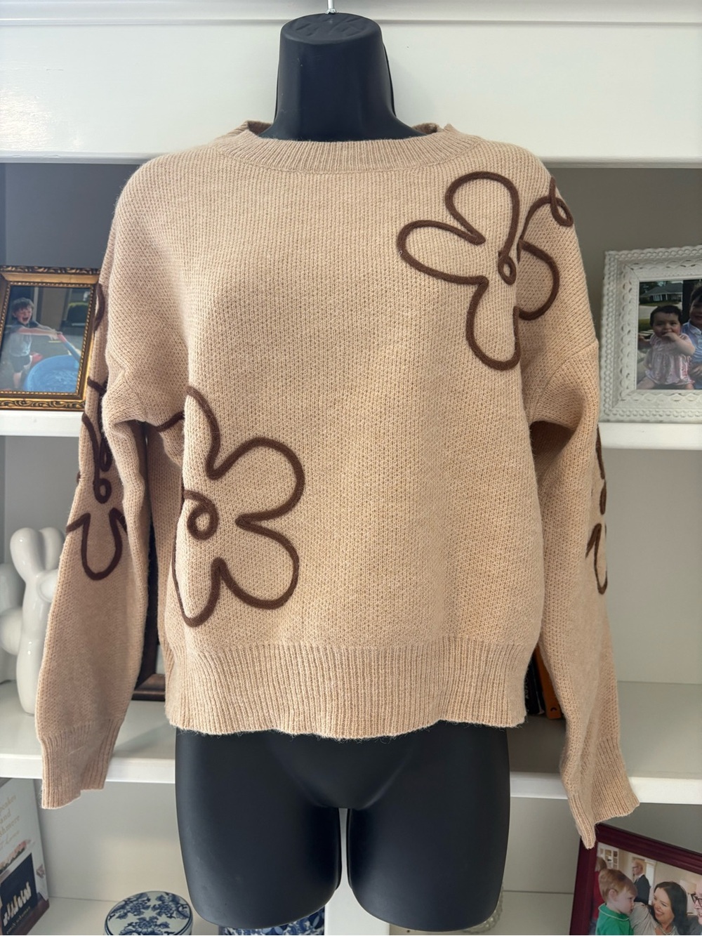 Dreamers by Debut Beige Crewneck Sweater with Brown Floral Outline